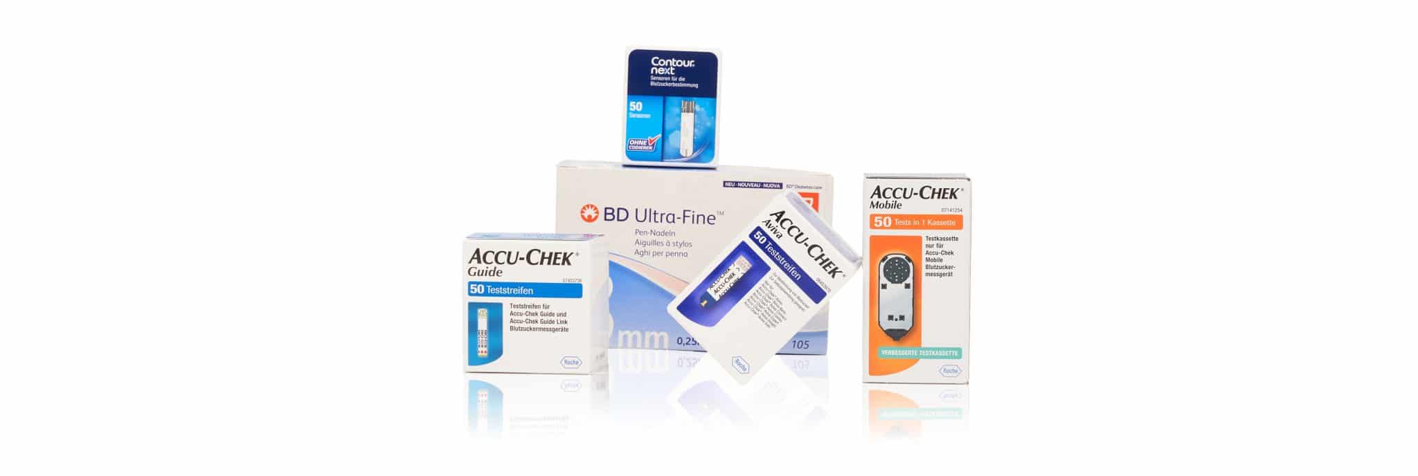 Diabetes Produkte - Teststreifen ACCU-CHEK Guide, ACCU-CHEK Aviva, ACCU-CHEK Mobile, BD Ultra-Fine Pen Nadeln, Contour Next Blutzucker Test Sensoren