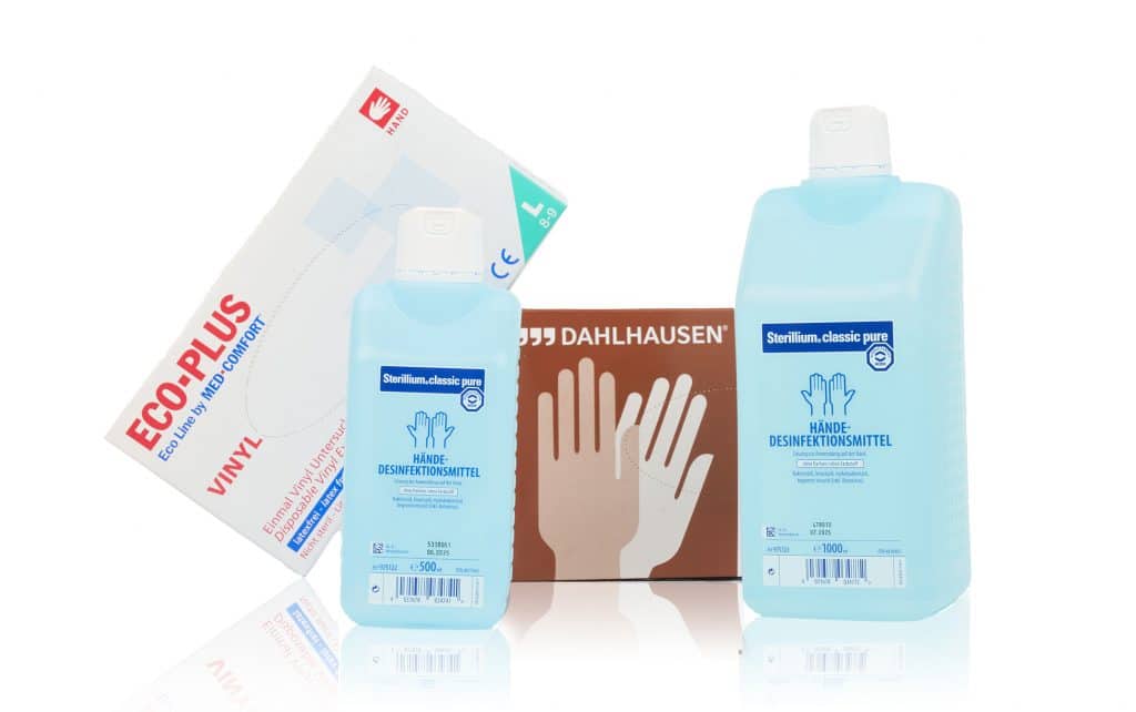 Hygiene Artikel - Einweghandschuhe Dahlhausen, ECO-PLUS VINYL, Sterillium Händedesinfektionsmittel verschiedene Größen
